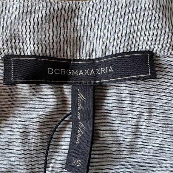 NWT BCBG grey combo pinstripe midi, curved hem dress size XS - Picture 3 of 13